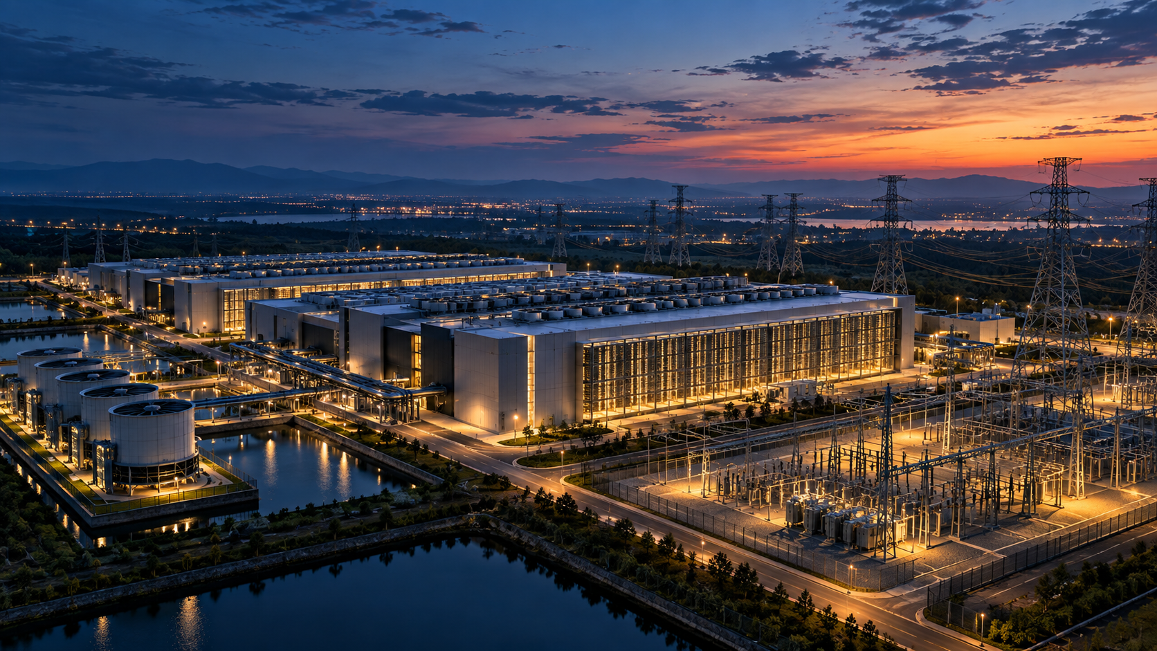 A modern data center campus connected to substations, cooling systems, and transmission lines at dusk.