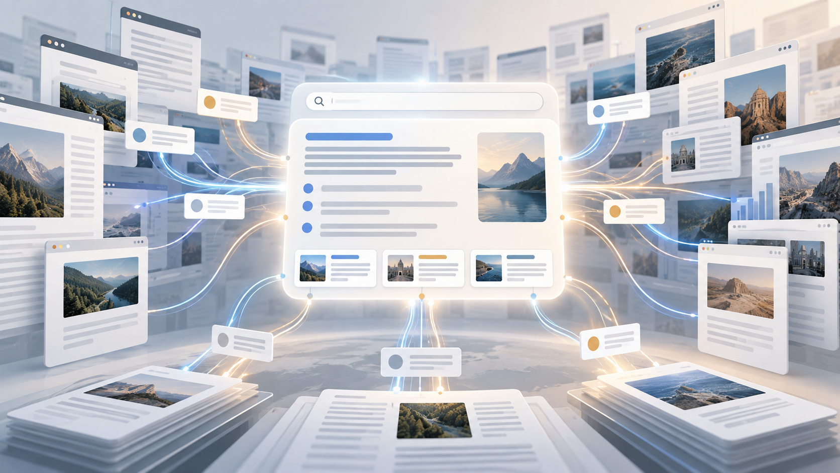 Layered web pages and source cards flowing into a central answer-shaped search interface.