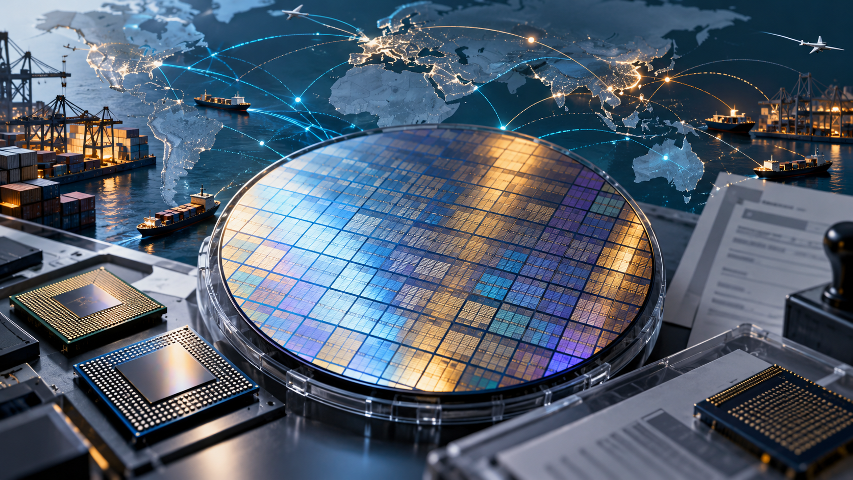 A semiconductor wafer and advanced chips set against abstract global trade routes and port infrastructure.