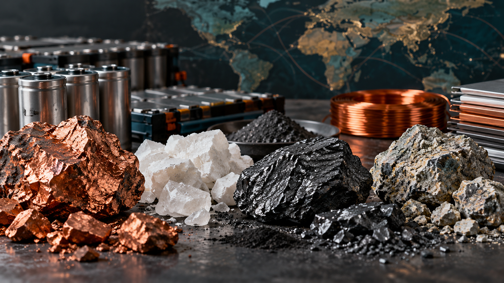 Copper, graphite, pale mineral samples, battery cells, and refined materials arranged on an industrial workbench.