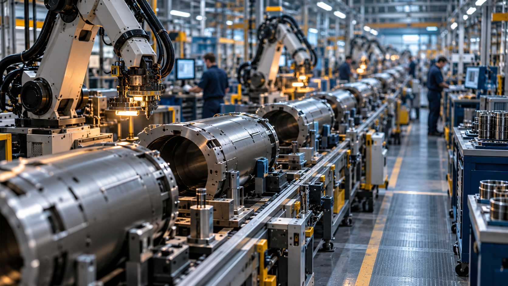 Robotic arms and workers on a precision manufacturing line producing industrial metal components.