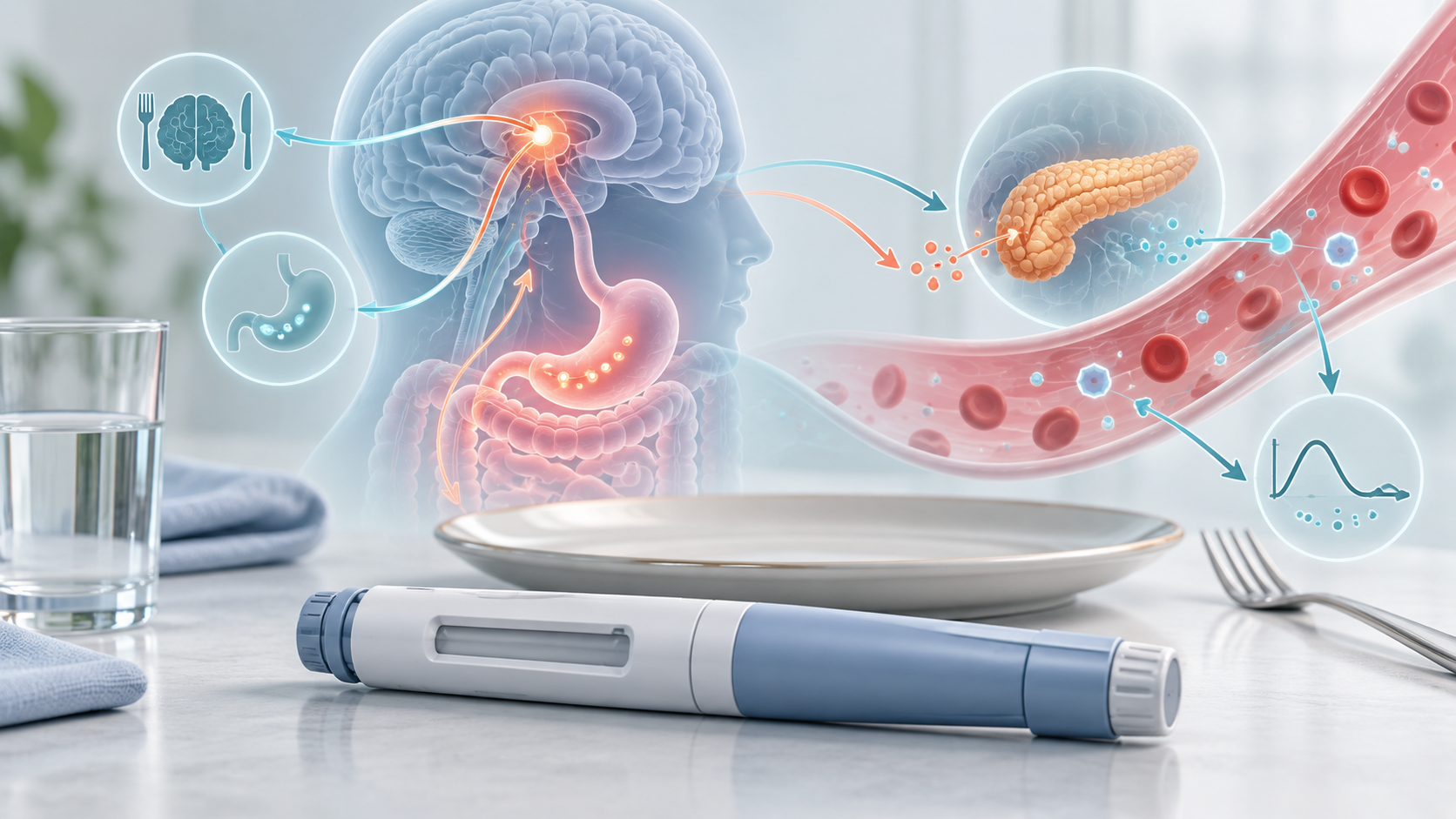 A clinical illustration of a medication pen with appetite, stomach, pancreas, and blood sugar pathway motifs.