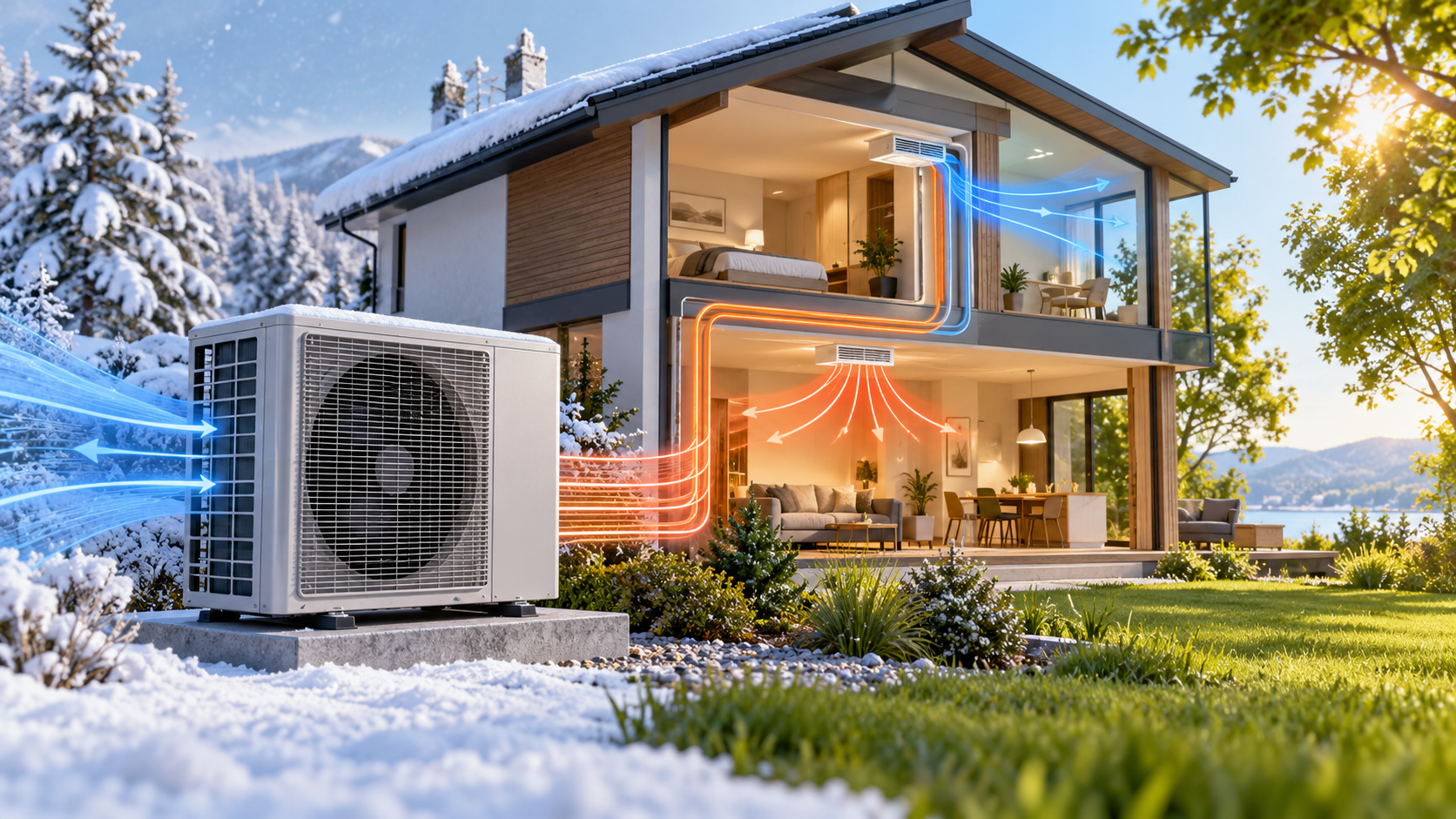 A modern home with an outdoor heat pump and warm and cool airflow paths showing heating and cooling.