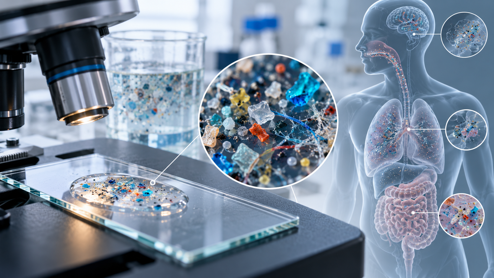 A laboratory microscope slide with colorful microplastic particles and a translucent human body outline.