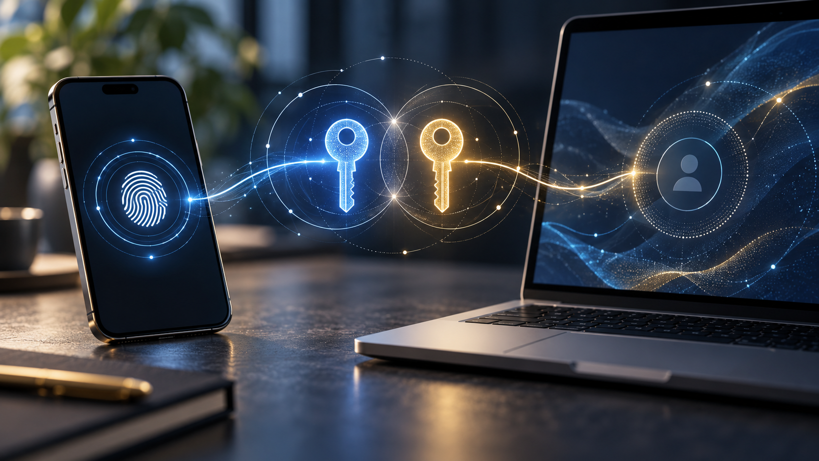 A phone and laptop connected by glowing public and private key symbols for passwordless login.