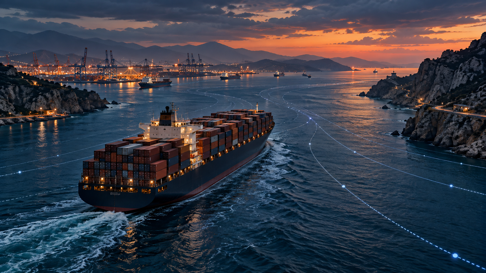 A container ship passing through a narrow maritime chokepoint near port cranes and rugged coastline at dusk.
