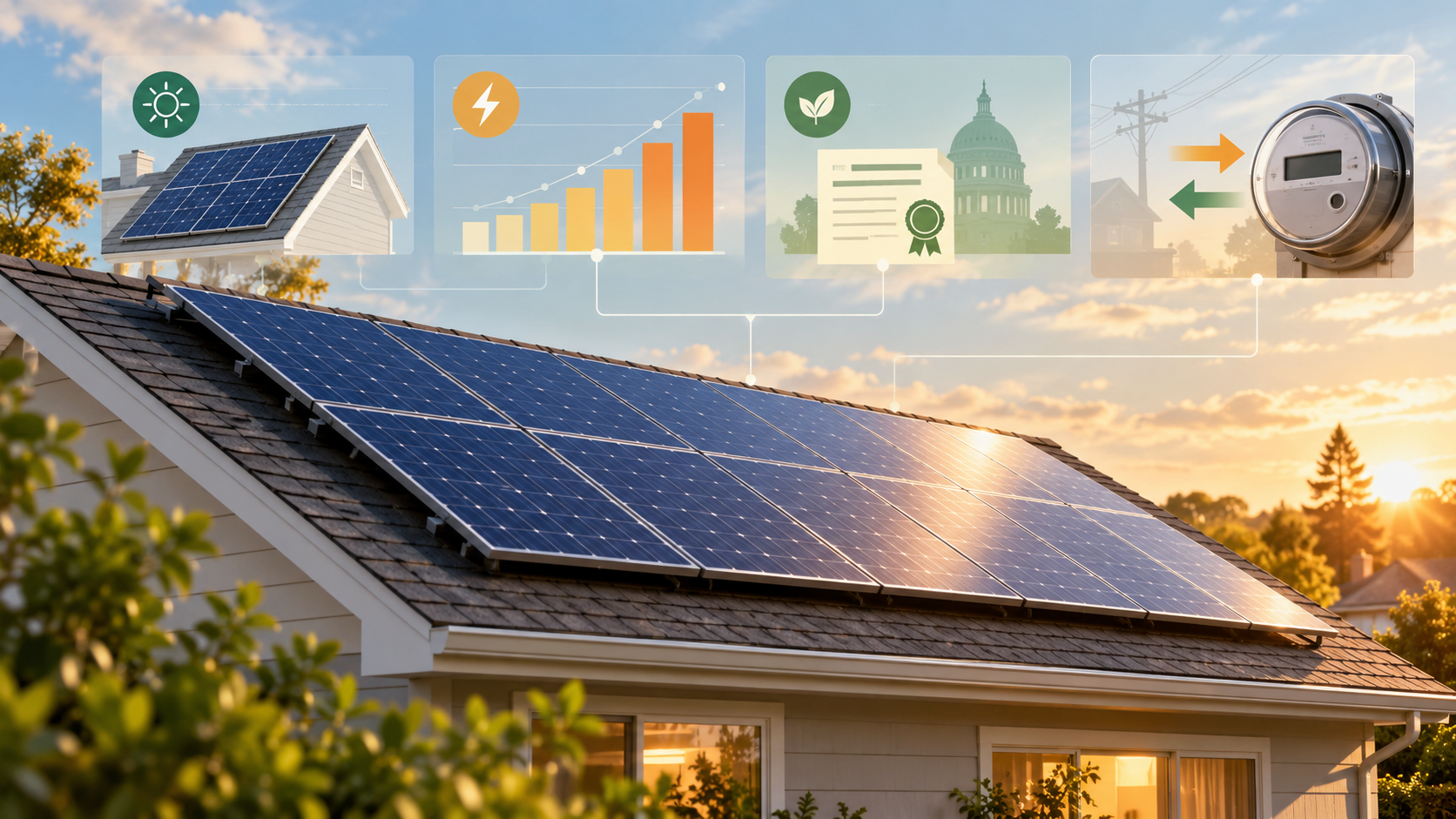 Rooftop solar panels with abstract utility, incentive, and energy-payback panels above the roof.