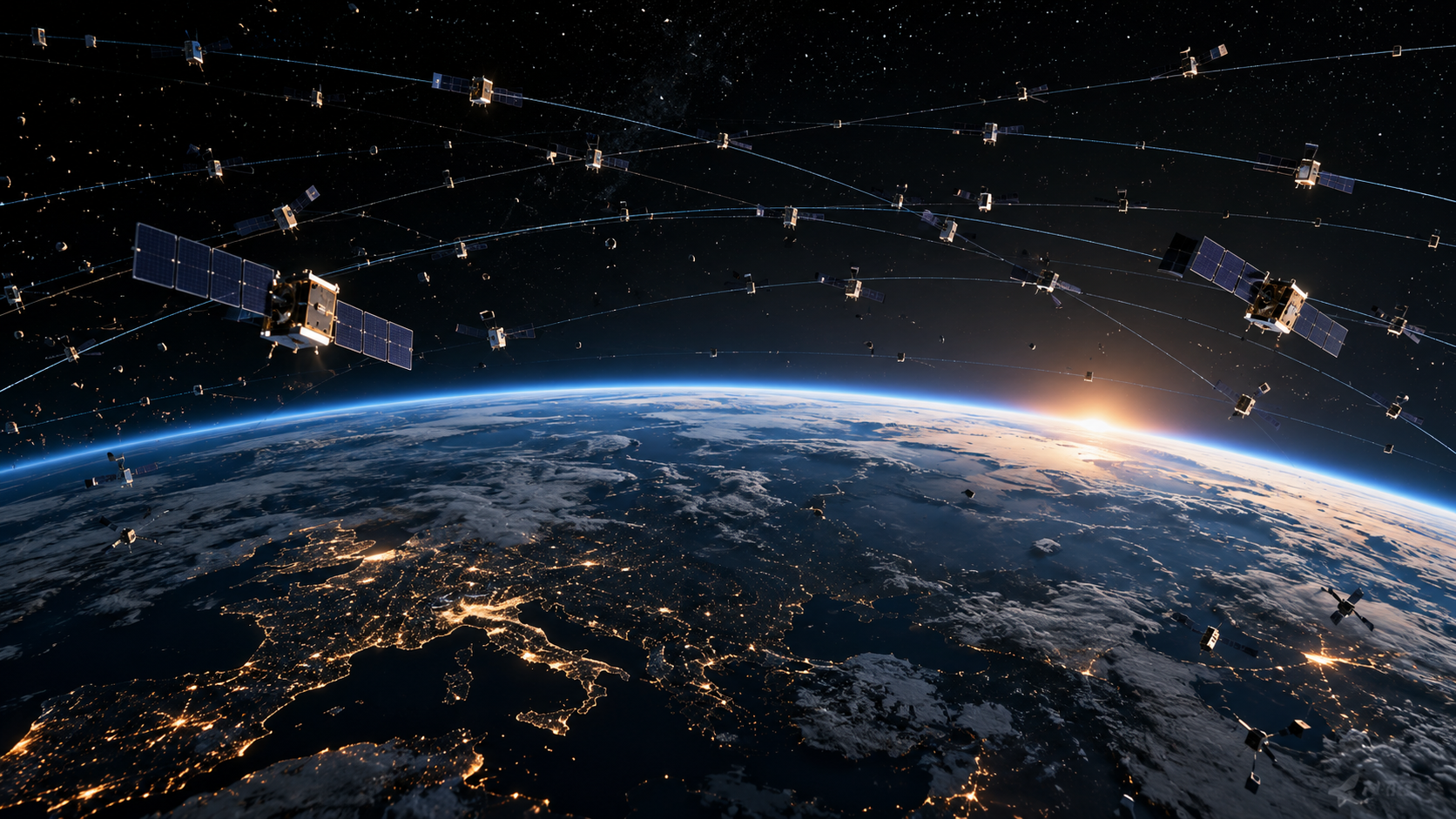 Many small satellites and orbital path lines above Earth's glowing horizon at twilight.