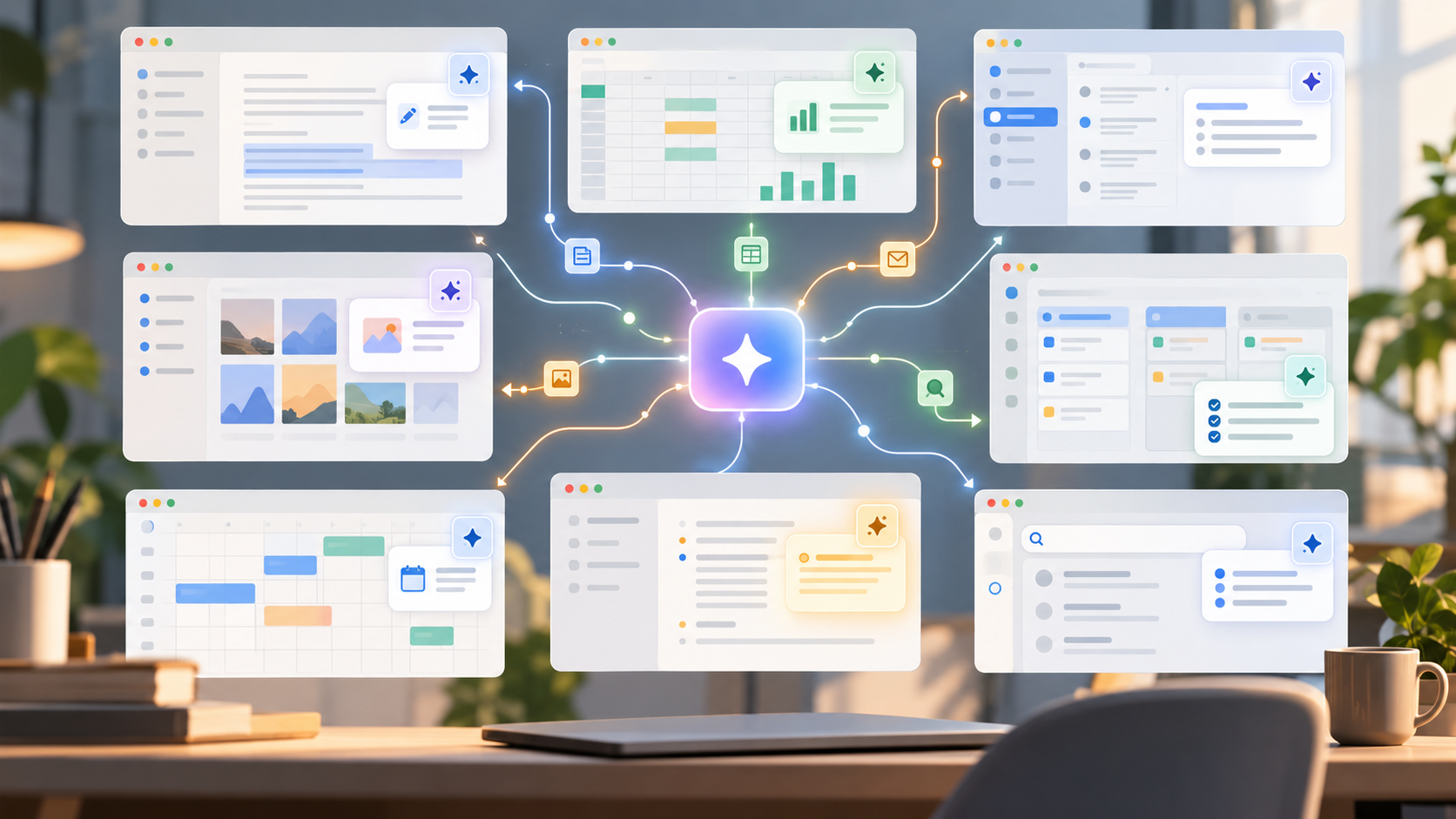 A grid of generic app windows connected to a central AI sparkle action node in a calm workspace.